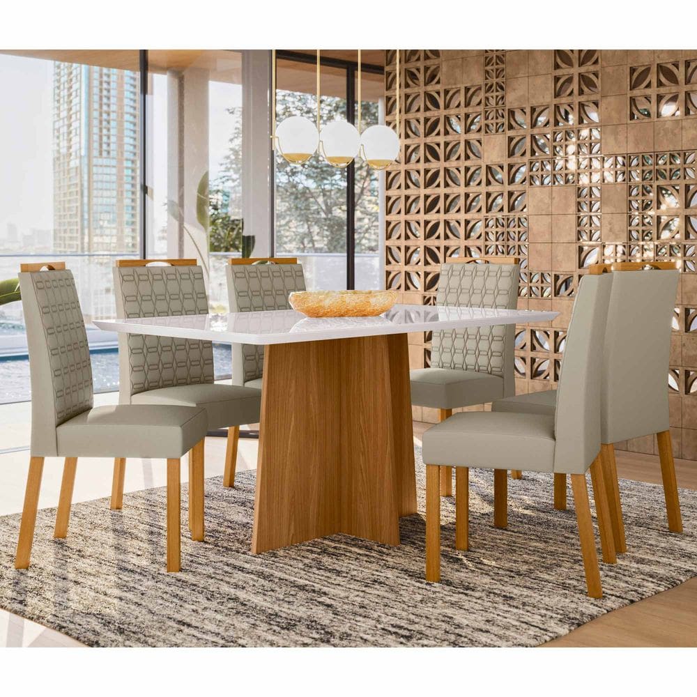 Conjunto Sala de Jantar Mesa Anitta 1,60m com 6 Cadeiras Mariah Ypê/Off White/Ja01- New Ceval