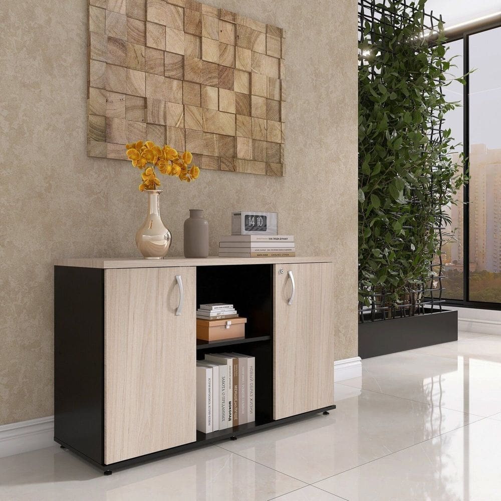 Armário Credenza 2 Portas Pivotante Preto/Nogueira