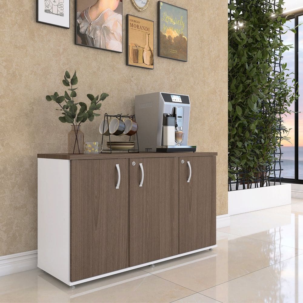 Armario para Escritório 3 Portas Pivotante Credenza Branco/Walnult