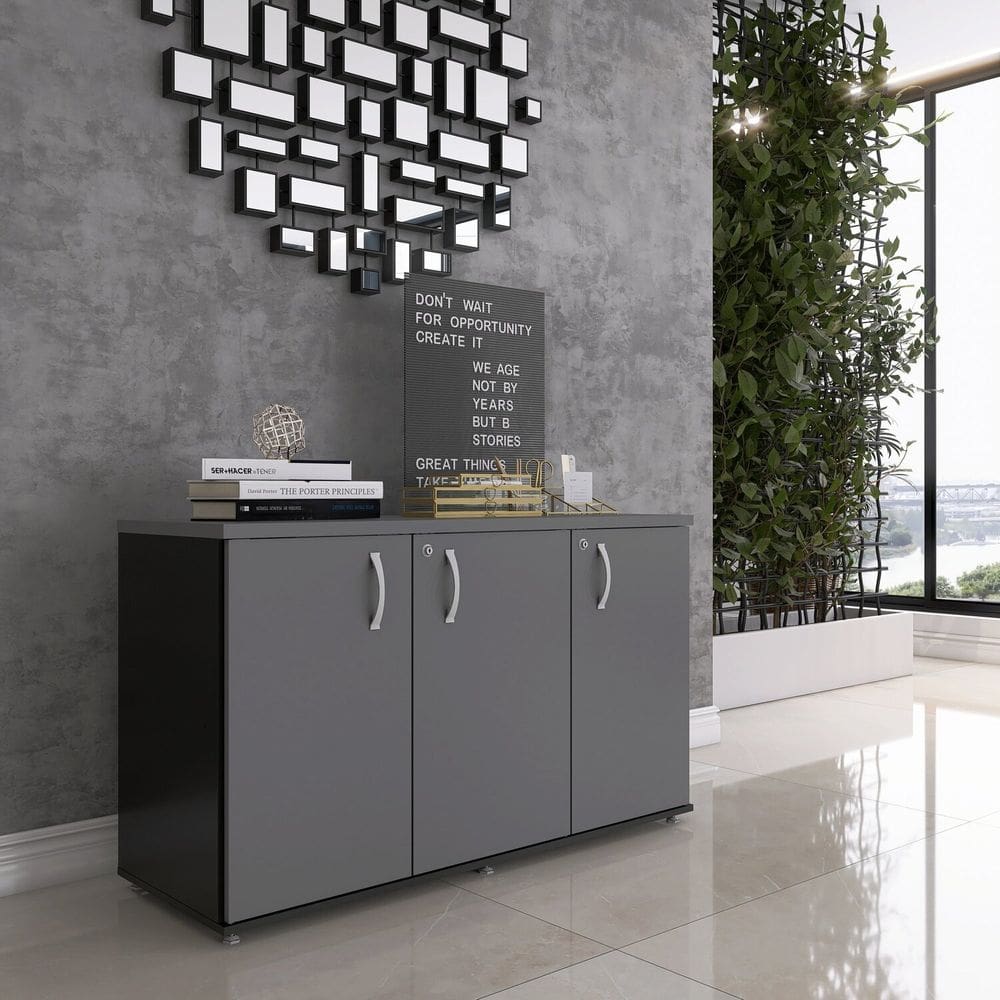 Armário para Escritório 3 Portas Pivotantes Credenza Preto/Grafito
