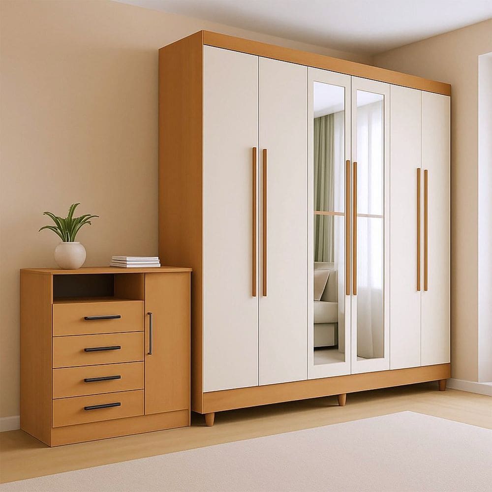 Guarda-Roupa Casal com Espelho 6 Portas e Cômoda 4 Gavetas com Porta e Nicho Apolo Freijó / Off White