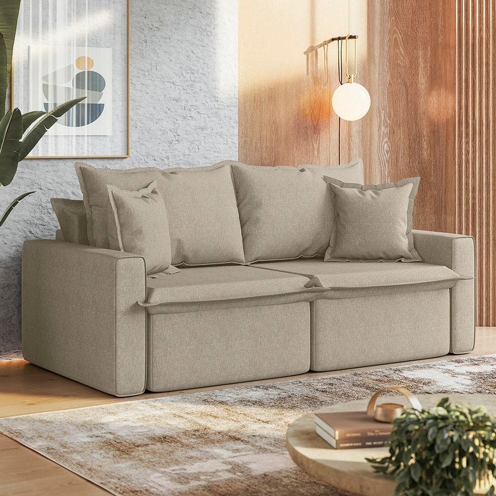 Sofá Cama Retrátil e Reclinável 3 Lugares 210cm León Espresso Móveis Linho Bege Médio