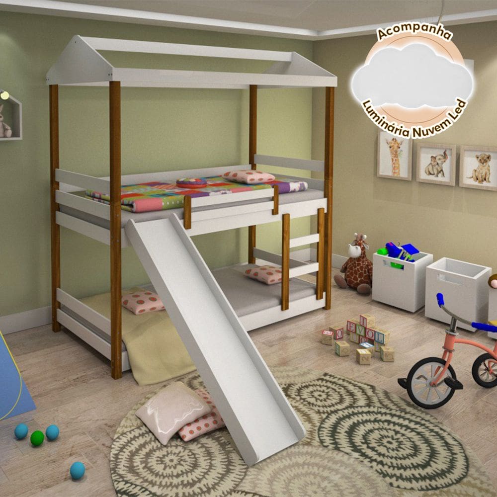 BELICHE INFANTIL SOLTEIRO MANUELA COM ESCORREGADOR BRANCO E néctar das flores - ACOMPANHA NUVEM LUMINÁRIA LED