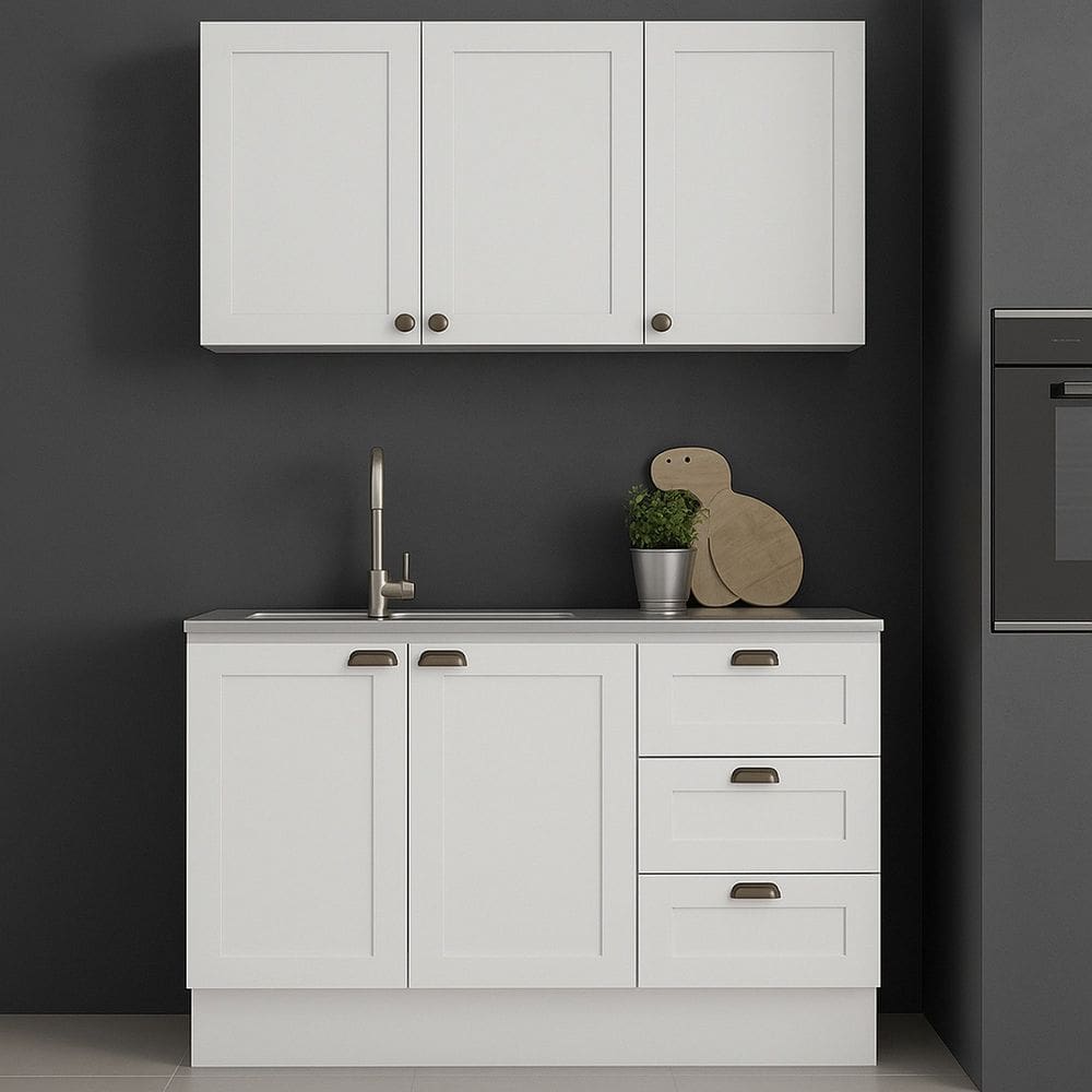 Armário Aéreo e Balcão 120cm 100% Mdf Estilo Americano Provençal Branco Fosco