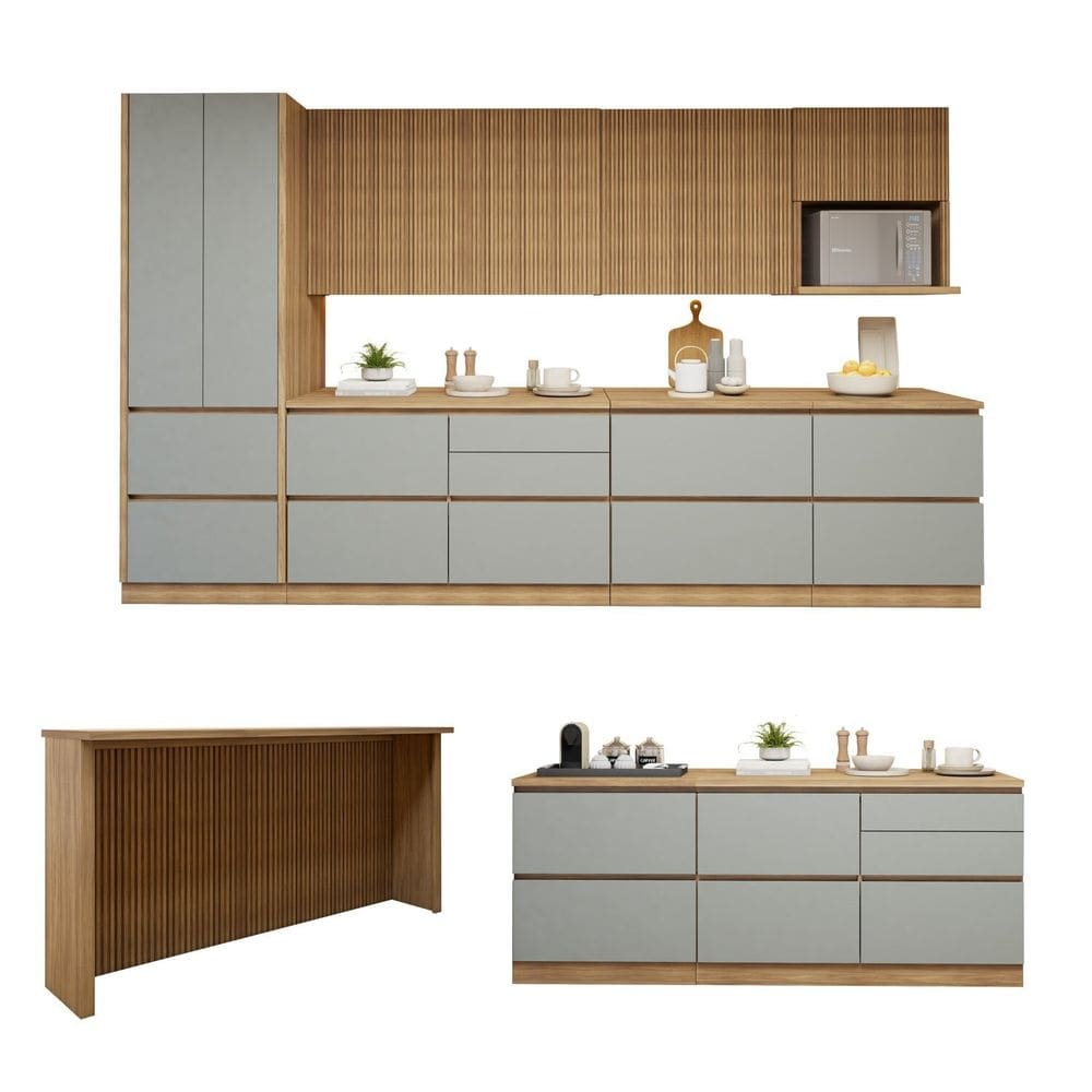 Cozinha Completa Modulada 10 Peças 14 Portas 11 Gavetas com Rodapé Norten Marrom/Verde