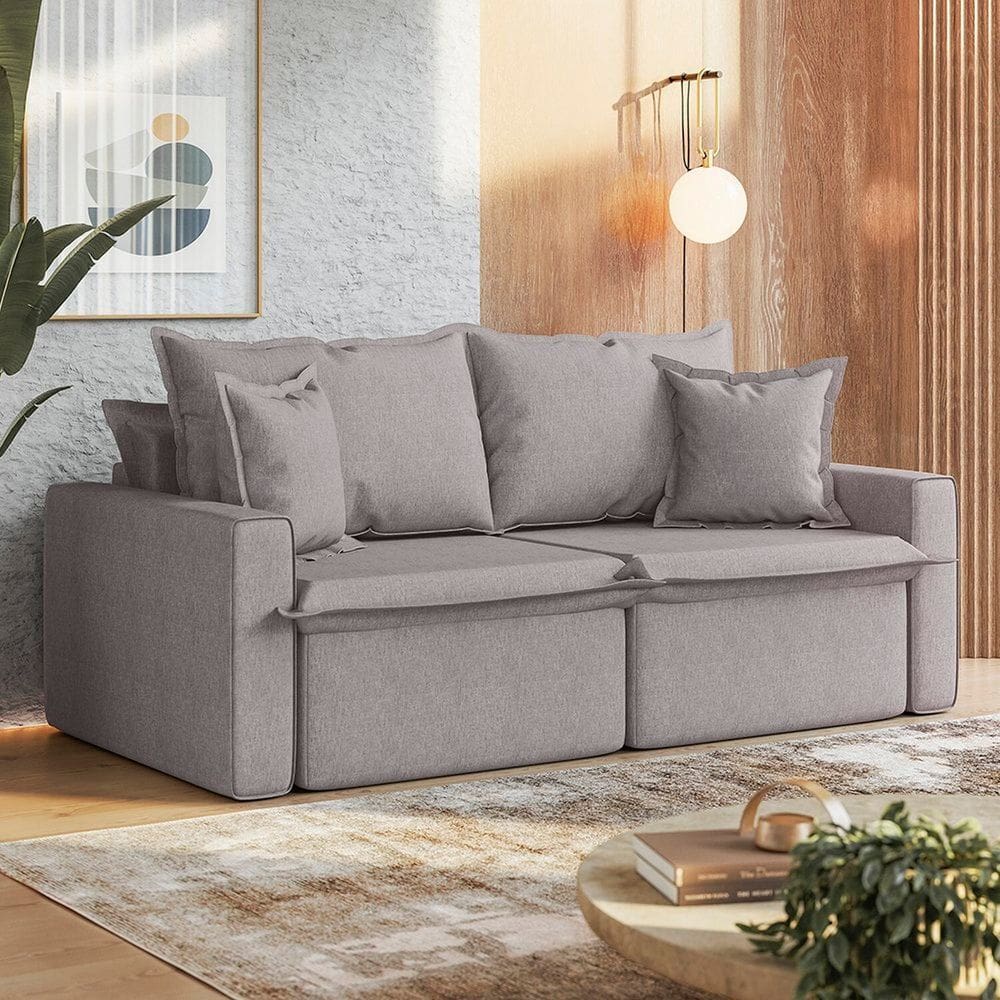 Sofá Cama Retrátil e Reclinável 3 Lugares 210cm León Espresso Móveis Linho Bege Cinza