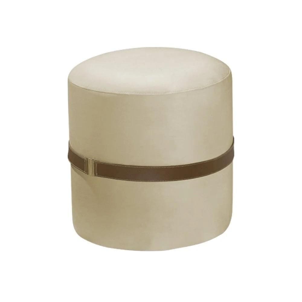 Puff Decorativo Redondo Old Com Cinto Estofado Veludo Bege
