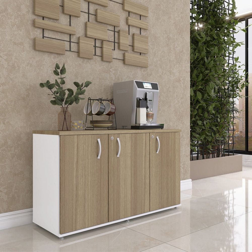 Armário para Escritório 3 Portas Pivotante Credenza Branco/Noce Naturalle