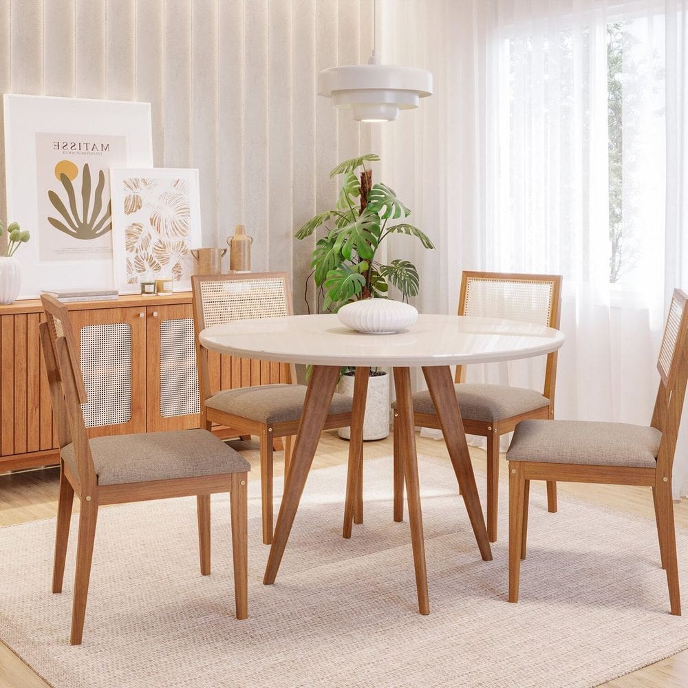 Sala de Jantar Mesa Acerola Redonda 109cm com Vidro e 4 Cadeiras Palmas Off White / Bege / Cinamomo