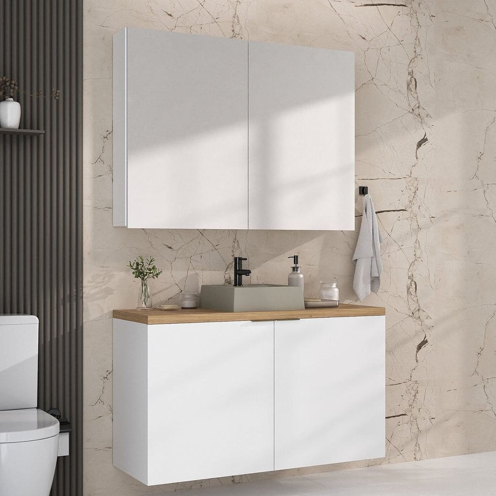 Conjunto de Banheiro com Cuba 110cm Marrom Branco / Carvalho