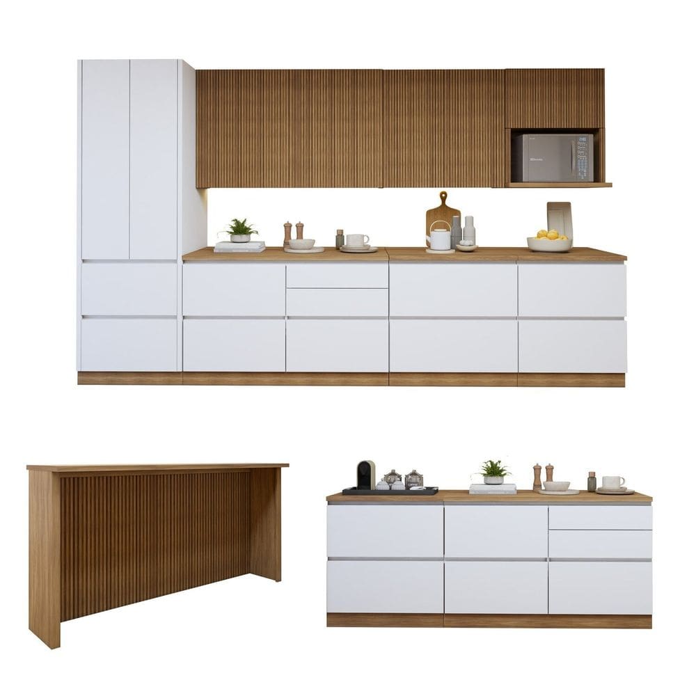 Cozinha Completa Modulada 10 Peças 14 Portas 11 Gavetas com Rodapé Norten Branco/Marrom