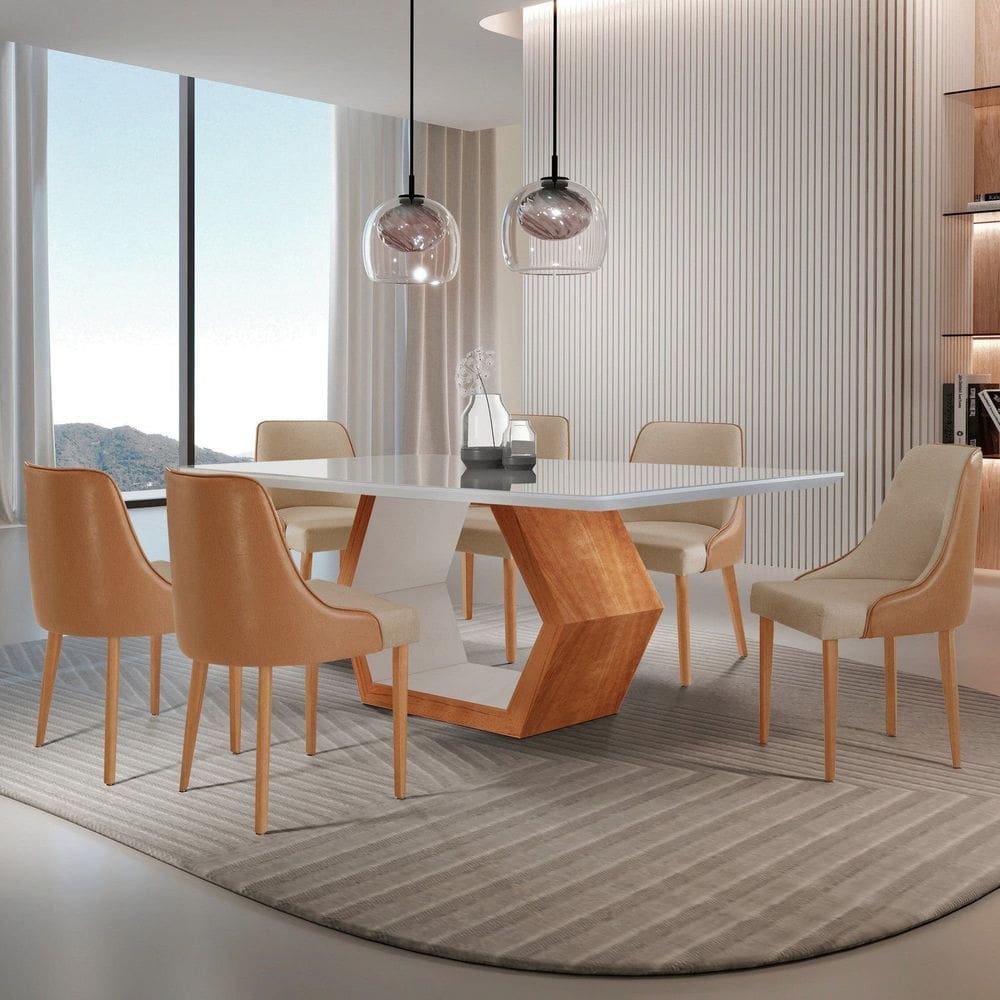 Conjunto para Sala de Jantar Mesa Sarah em Madeira Tampo 180cm com Vidro e 6 Cadeiras Roma Caramelo/ Cinamomo Imbuia/Off White