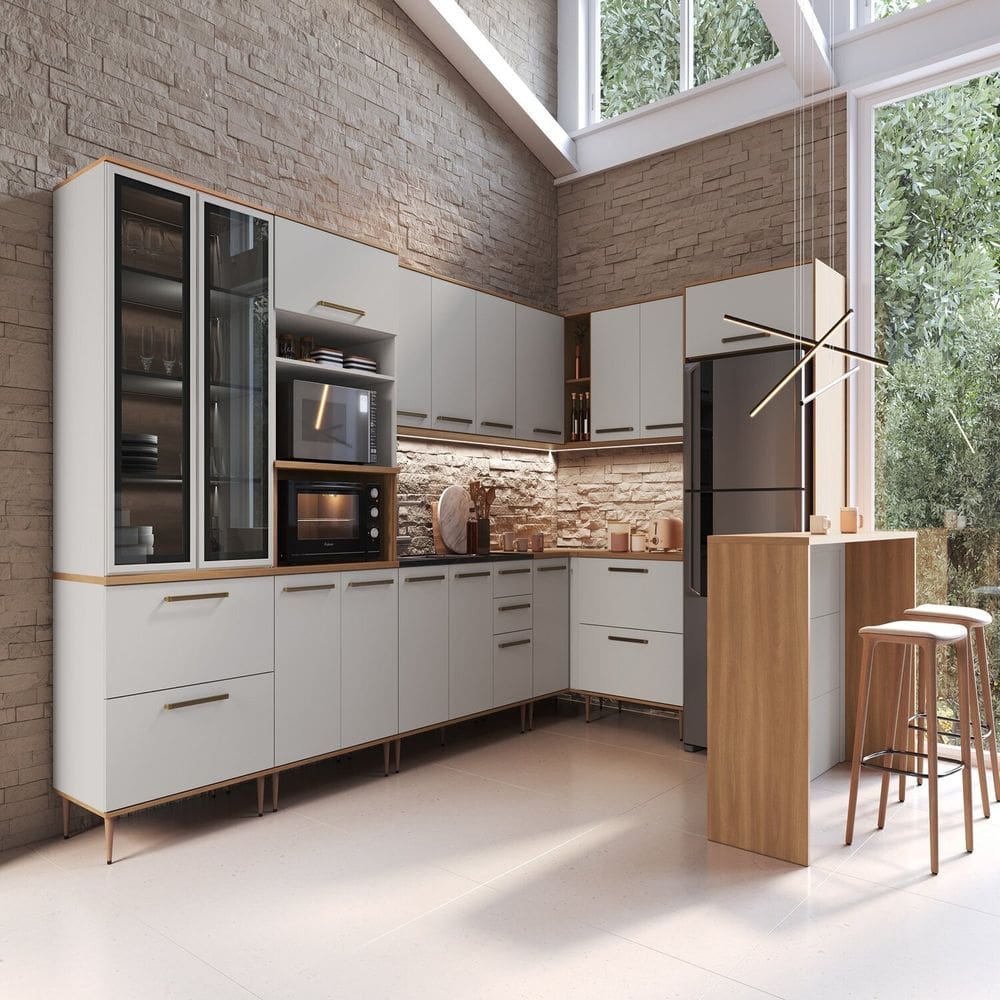 Cozinha Modulada Completa 11 Peças com Cristaleira 16 Portas 6 Gavetas Isabelle Freijó / Arenas