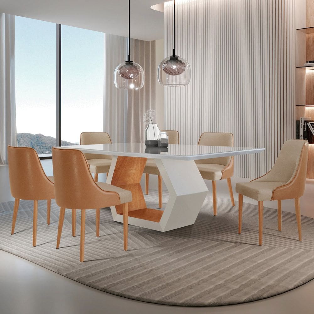 Conjunto para Sala de Jantar Mesa Sarah em Madeira Tampo 180cm com Vidro e 6 Cadeiras Roma Star Caramelo/ Off White / Cinamomo Imbuia