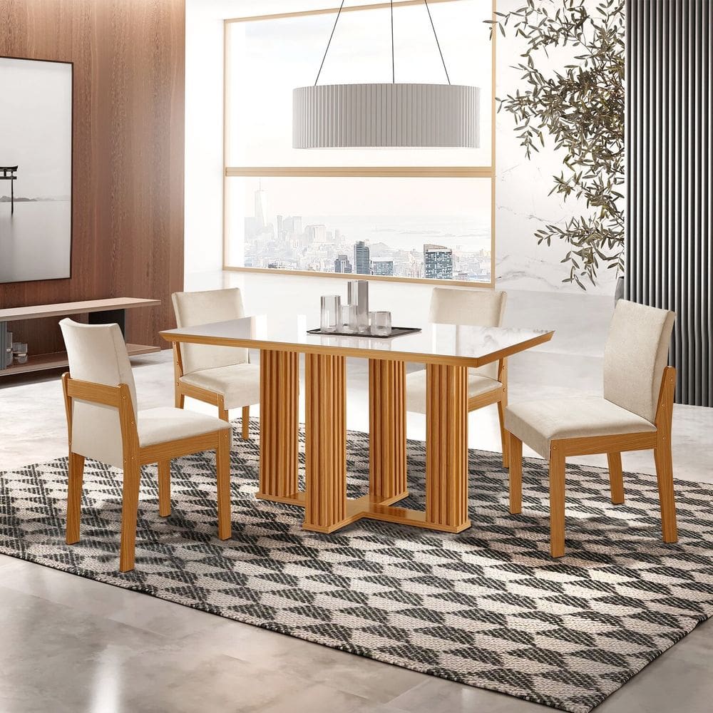 Conjunto de Jantar Mesa Florença Tic 120cm X 80cm Tampo Mdf e Vidro com 4 Cadeiras Mônaco Castanho Cinamomo/Creme/Off White