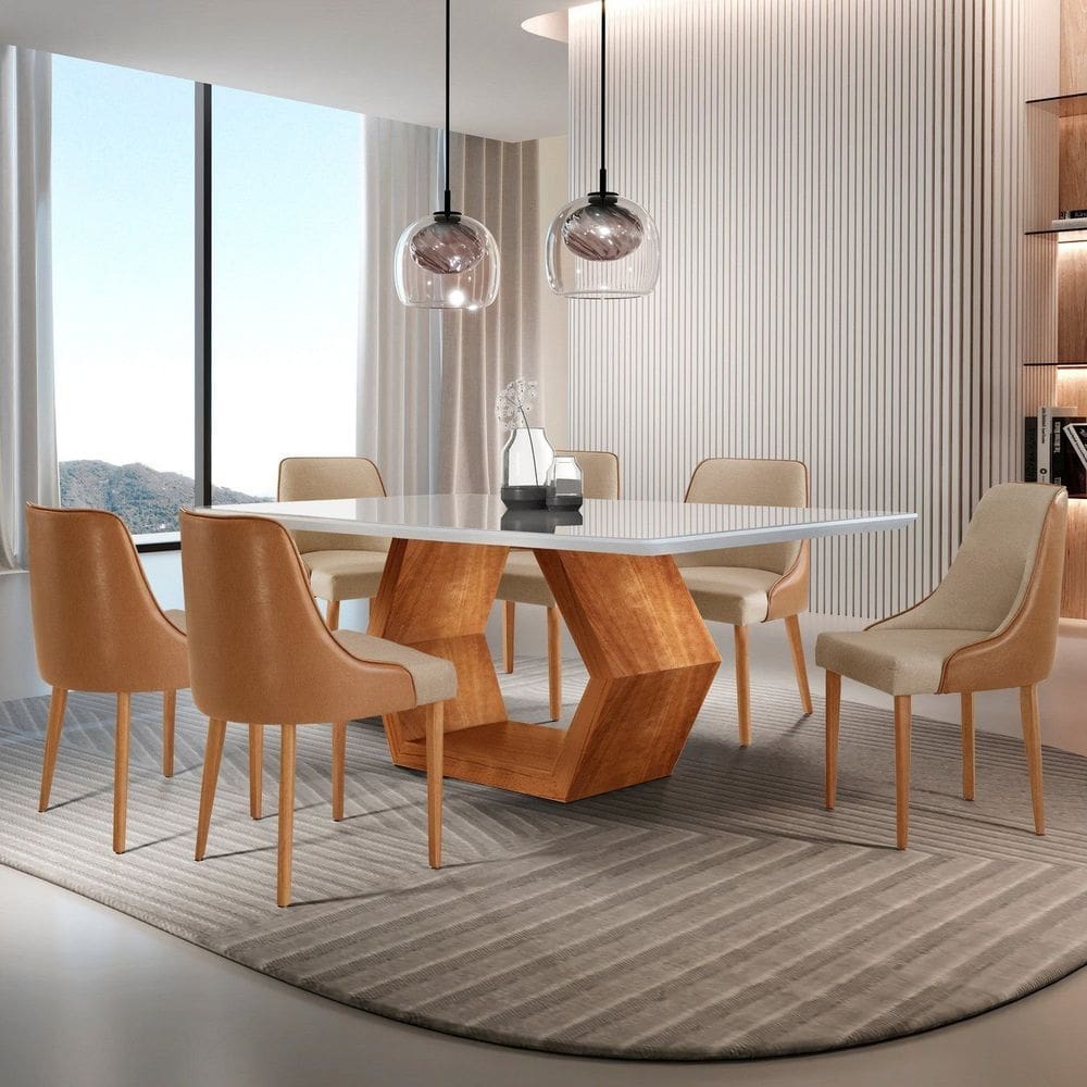 Conjunto para Sala de Jantar Mesa Sarah em Madeira Tampo 180cm com Vidro e 6 Cadeiras Roma Caramelo/ Cinamomo Imbuia/ Off White