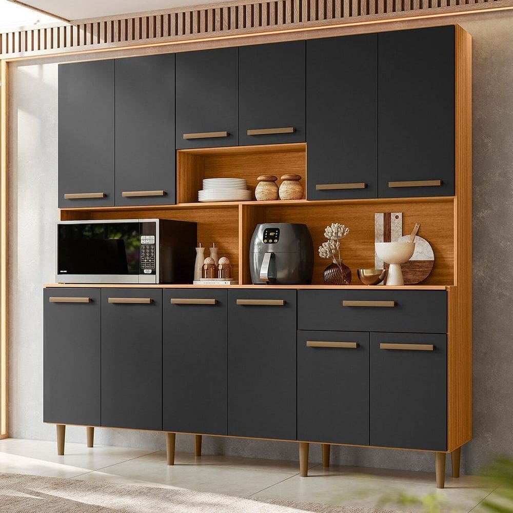 Armário para Cozinha 12 Portas 1 Gaveta Clarice Freijo/Grafite Acetinado