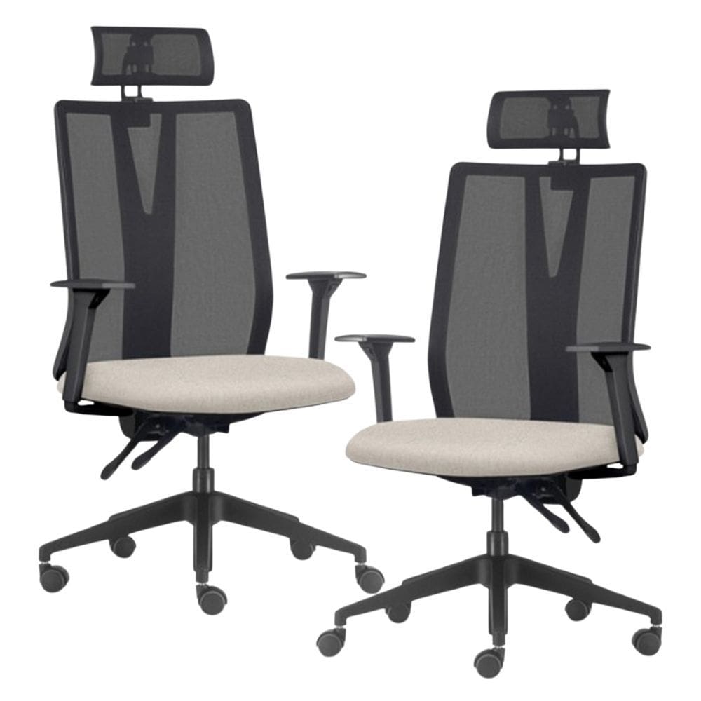 Kit 2 Cadeiras Escritório Giratória Presidente Flow F02 Base Preta Linho Bege Claro - Lyam Decor