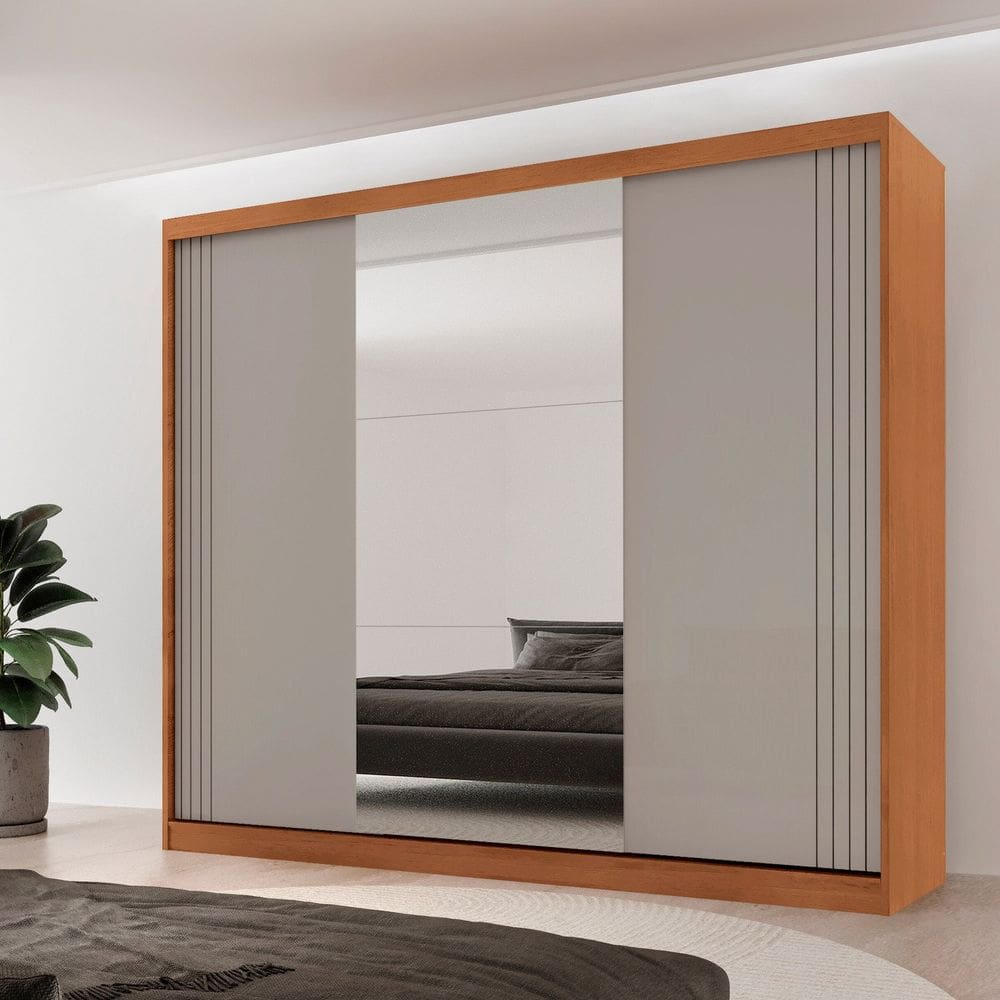 Guarda-roupa Casal 100% Mdf 3 Portas de Correr 4 Gavetas 6 Prateleiras com Espelho Chile NATURALLE / OFF WHITE
