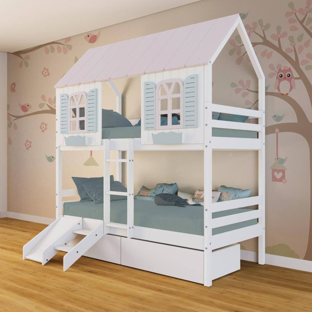 Beliche Casinha Bela com 2 Gavetas Kit Escada/Escorregador - Madeira Maciça Branco/Rosa/Verde | Megamobilia
