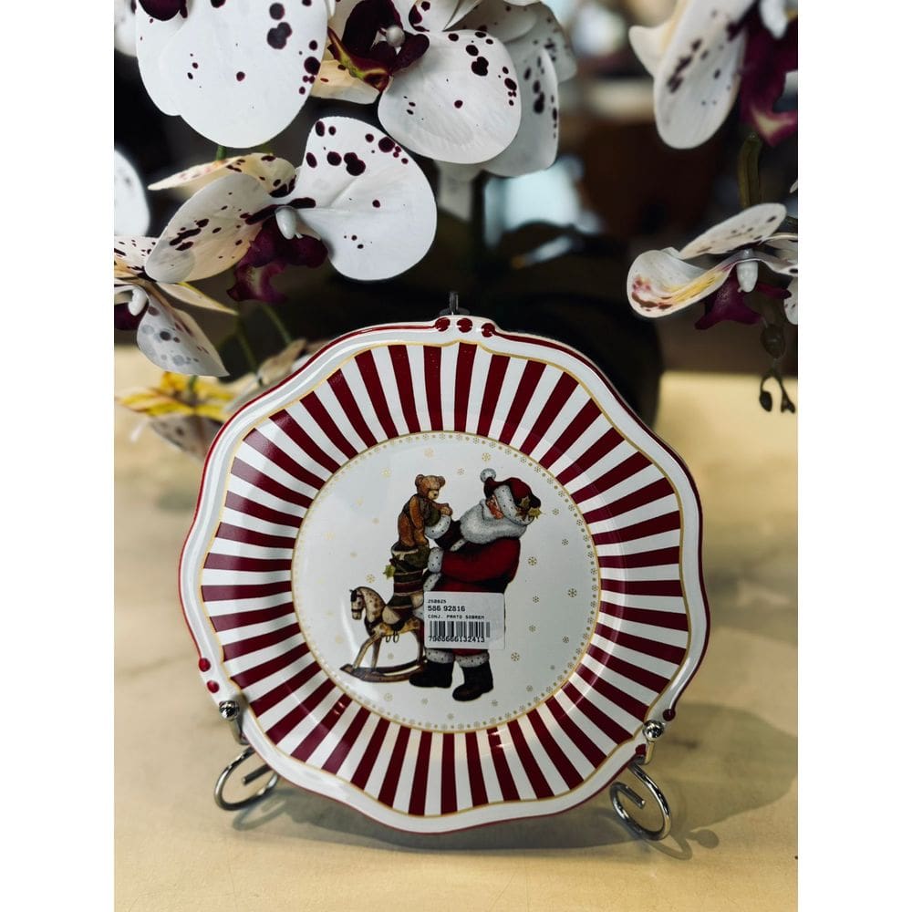 Unidade Prato Sobremesa Papai Noel Com Ursinho  C/Filete Christmas Charm-Scalla