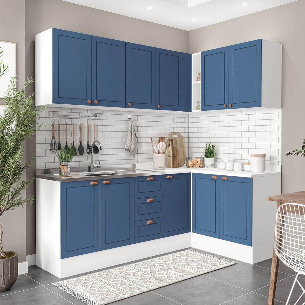 Cozinha 6 Peças com Rodapé Pérola Yescasa Azul/Branco