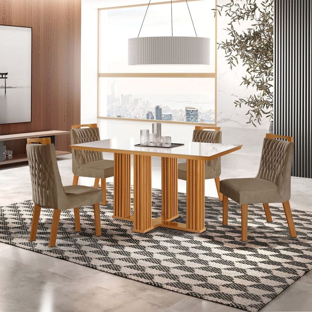 Conjunto de Jantar Mesa Florença 120cmx80cm Tampo Mdf e Vidro com 4 Cadeiras Atena Castanho Cinamomo/Pena Caramelo/Off White