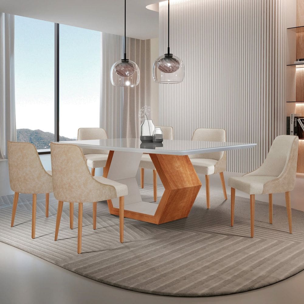 Conjunto para Sala de Jantar Mesa Sarah em Madeira Tampo 180cm com Vidro e 6 Cadeiras Roma Off White / Milano/ Cinamomo Imbuia