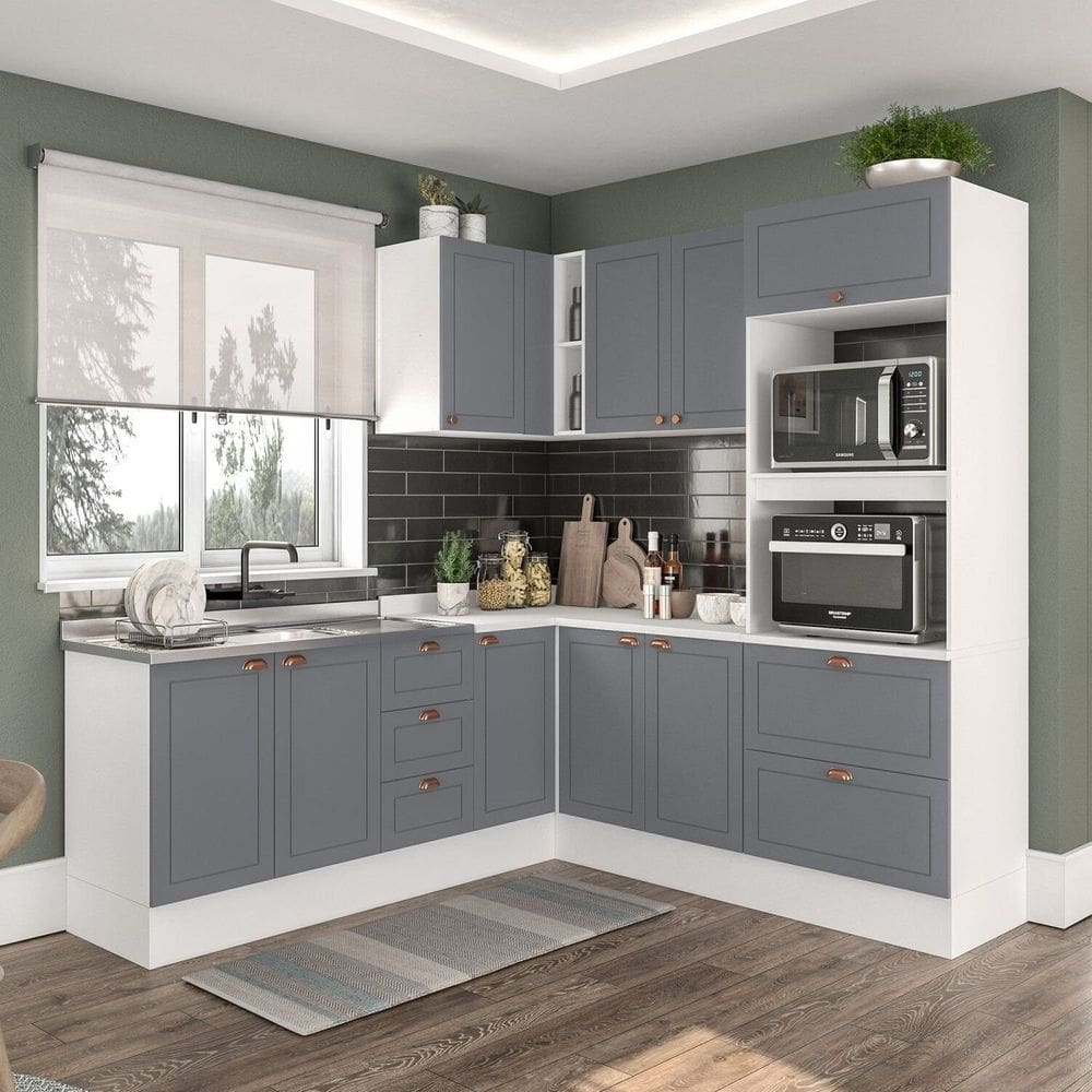 Cozinha 6 Peças com Rodapé Pérola Yescasa Cinza/Branco