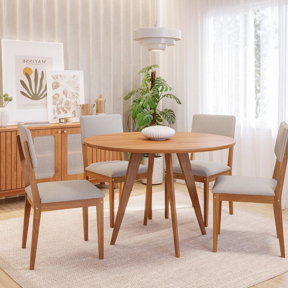 Sala de Jantar Mesa Acerola Redonda 109cm sem Vidro com 4 Cadeiras Sabiá Cinamomo / Cinza