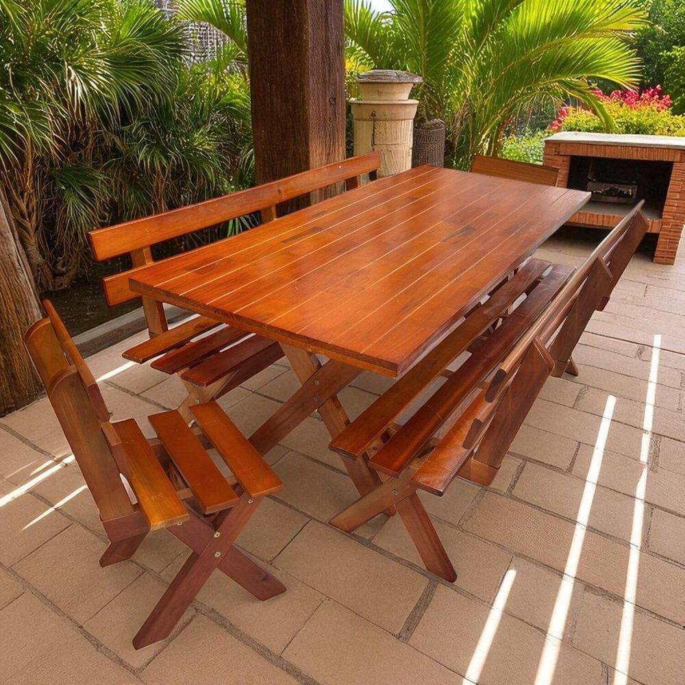 Conjunto Mesa de Madeira Maciça Rústica para Churrasco e 4 Bancos Mel
