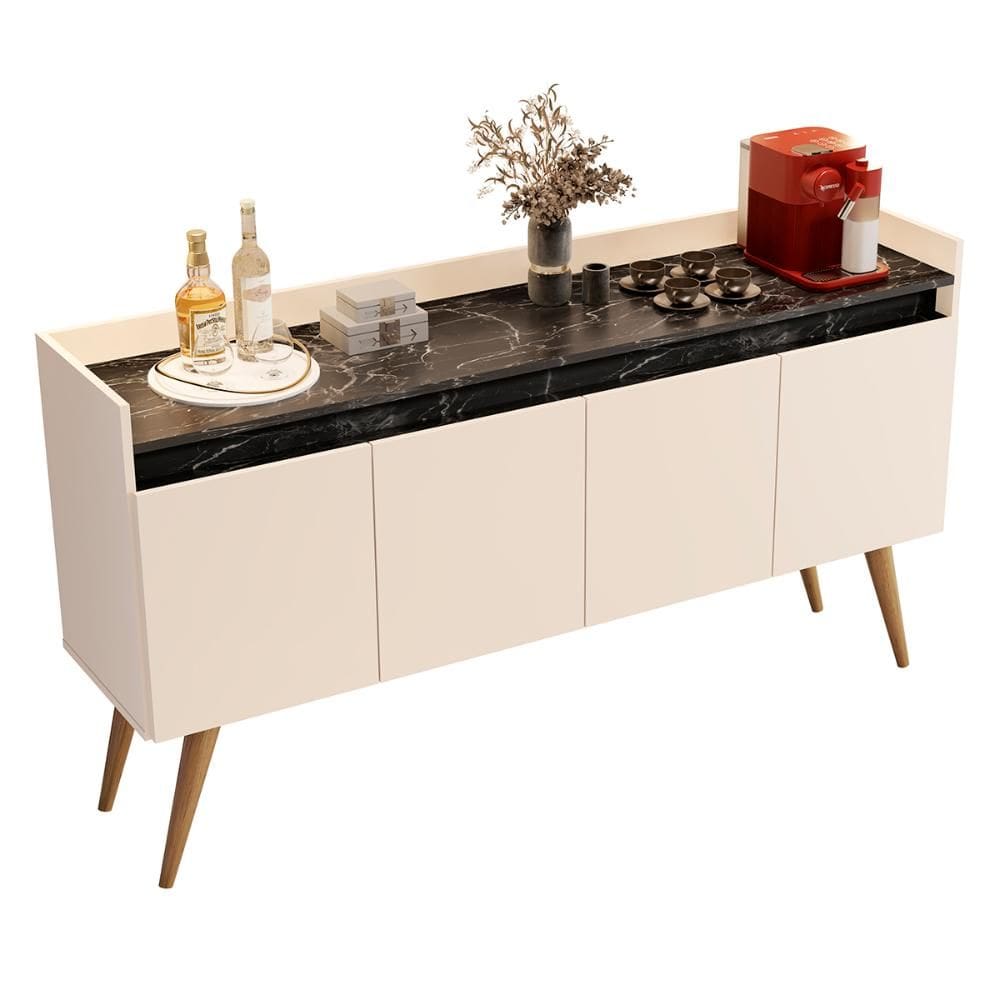 Aparador Buffet Gold Marmorizado 4 Portas Pés Madeira Maciça
