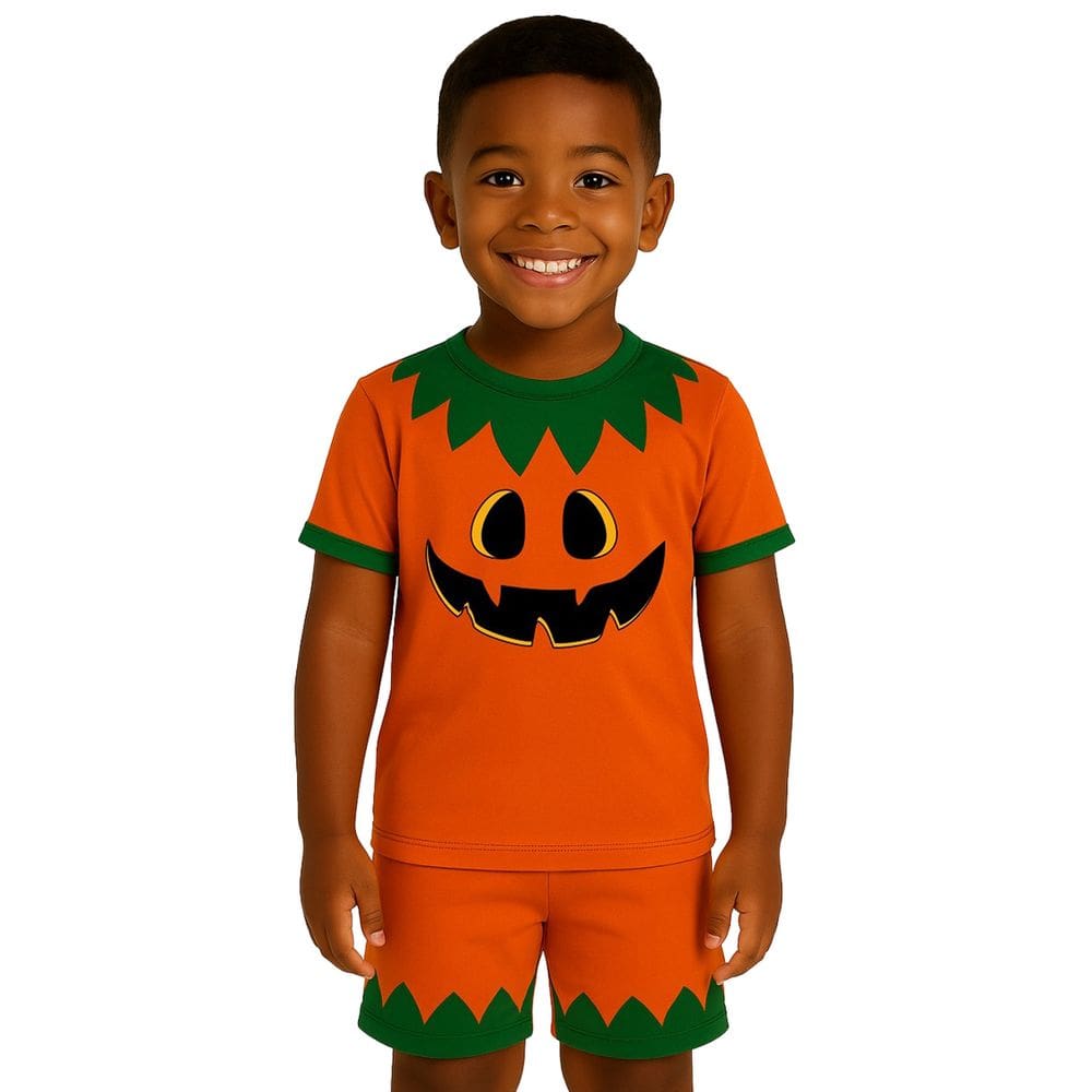 Conjunto Infantil Temático Fantasia Abóbora Halloween Camiseta e Short