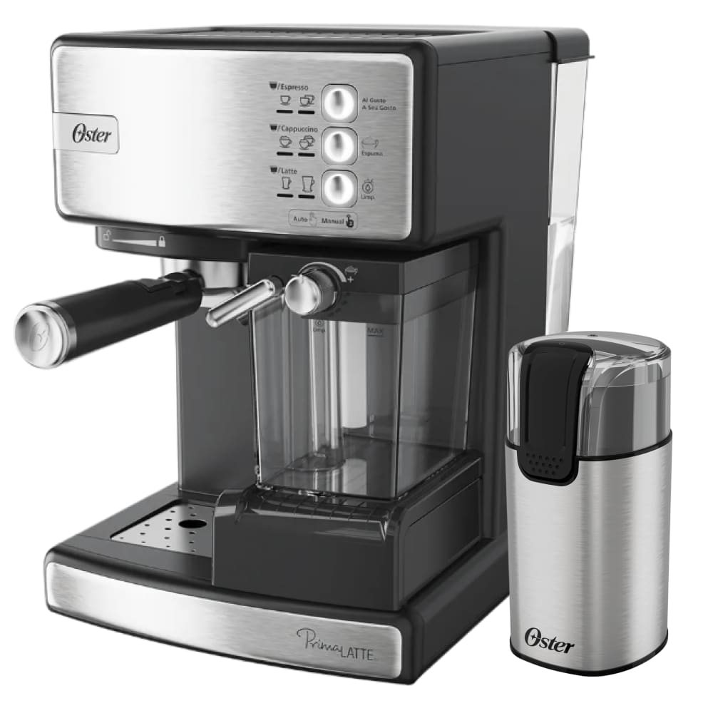 Kit Cafeteira Nova PrimaLatte Inox e Moedor de Café Elétrico Inox Oster