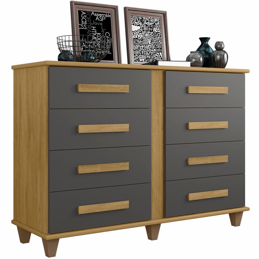 Cômoda RV Móveis Geórgia 8 gavetas e largura de 136 cm e pês Cinamomo Grafite