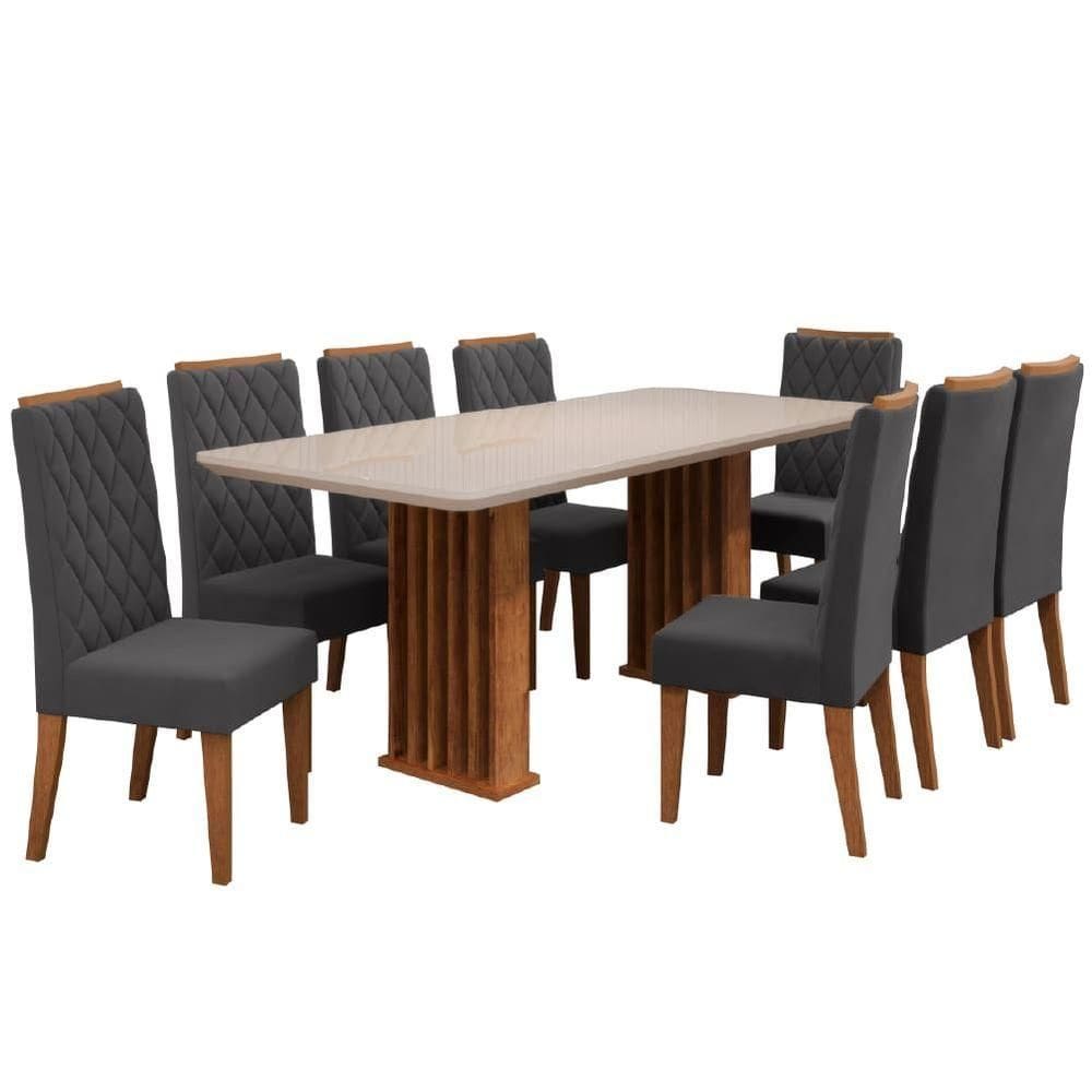 Conjunto De Mesa Sala De Jantar Tampo Com Vidro Mond 2m 8 Cadeiras Bele Veludo Viero Cinza