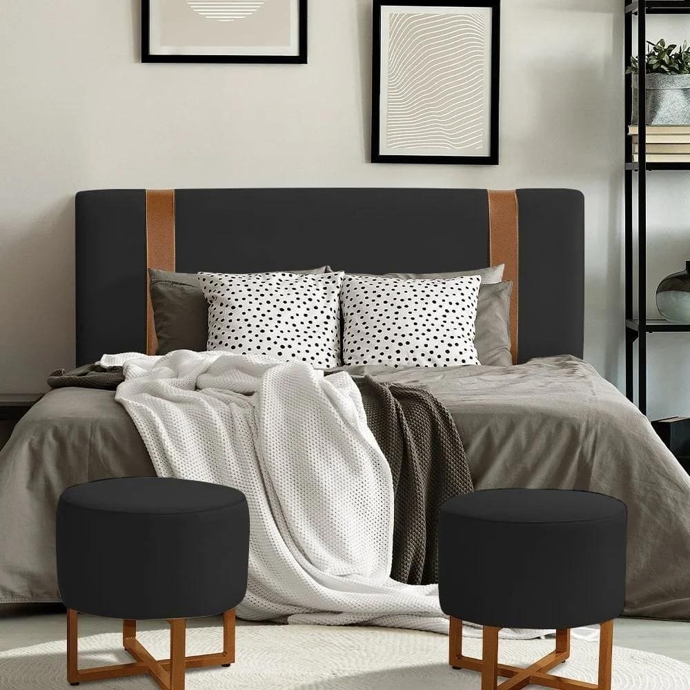 Cabeceira Queen Estofada Zeus 160cm Com Cintos De Couro Veludo Preto