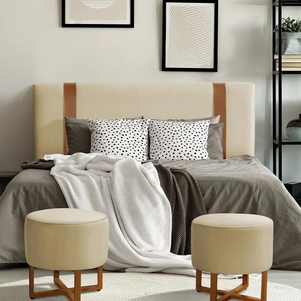 Cabeceira Casal Estofada Zeus 140cm Com Cintos De Couro Veludo Bege