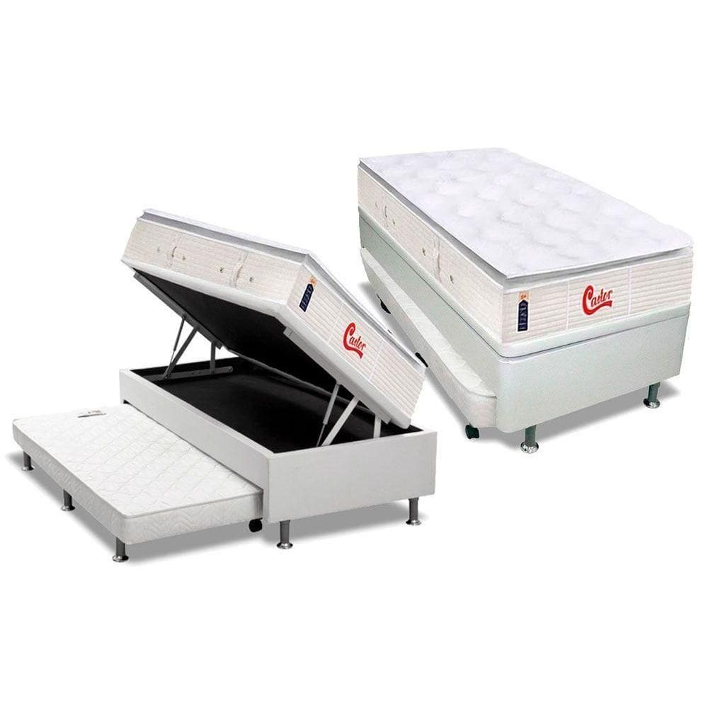 Cama Box Baú C/Auxiliar Solteiro: Colchão Molas Castor Gold Star Slx+Base Branco(88X188)