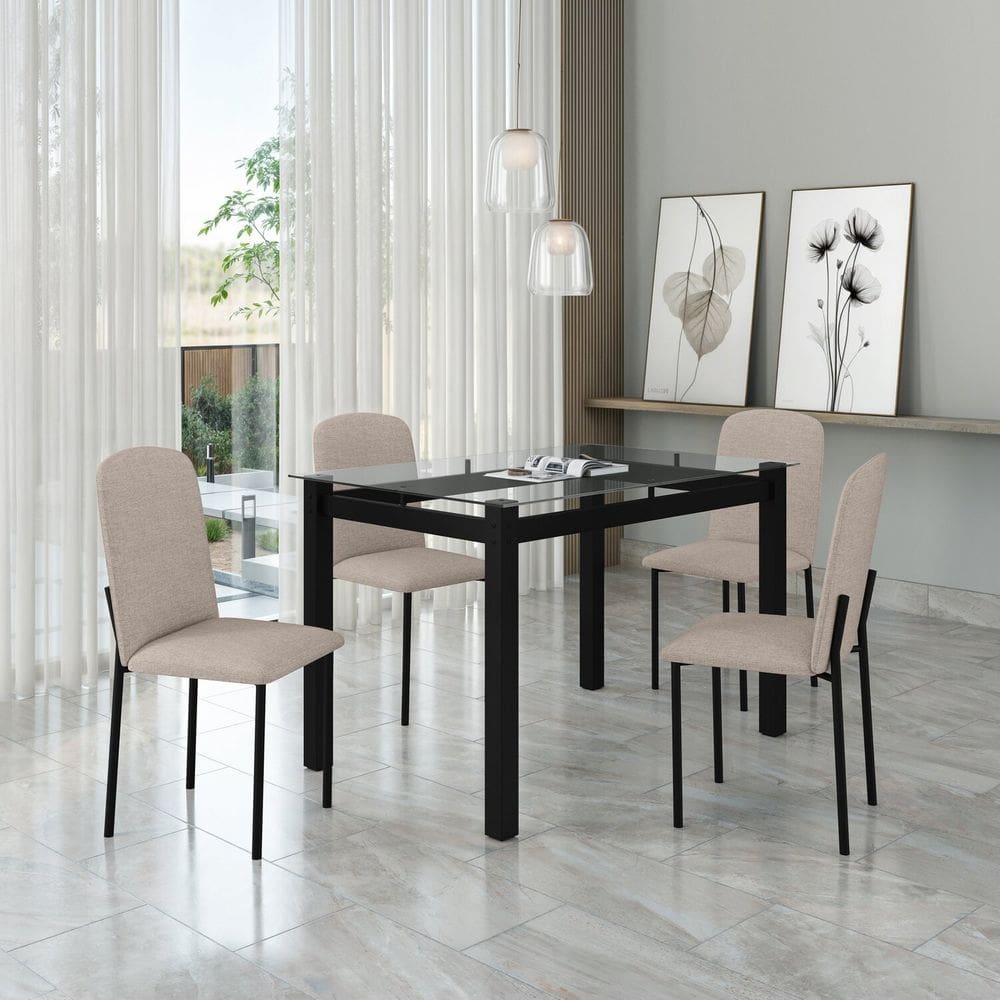 Mesa Tokio 120cm X 76,5cm Tampo de Vidro com 4 Cadeiras Classic Preto / Bege