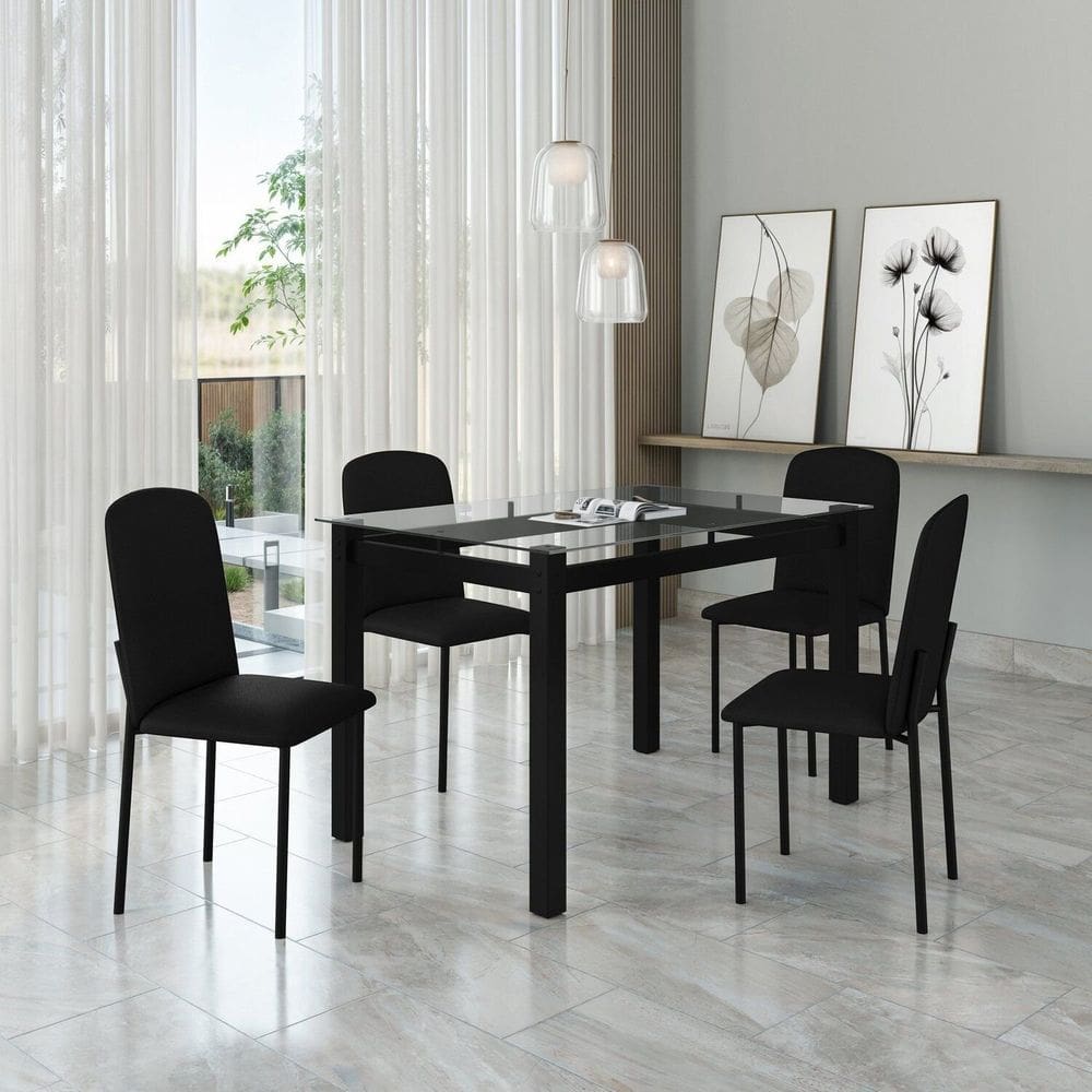 Mesa Tokio 120cm X 76,5cm Tampo de Vidro com 4 Cadeiras Classic Preto