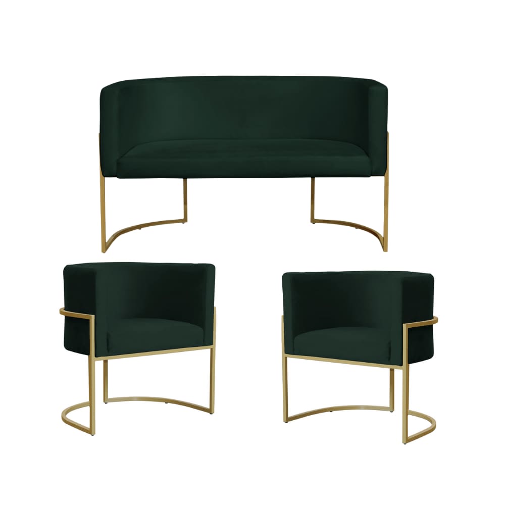 Kit 2 Poltronas Decorativa Sala de Estar Luana + Namoradeira  Base Gold Veludo Verde - Montanaris Decor