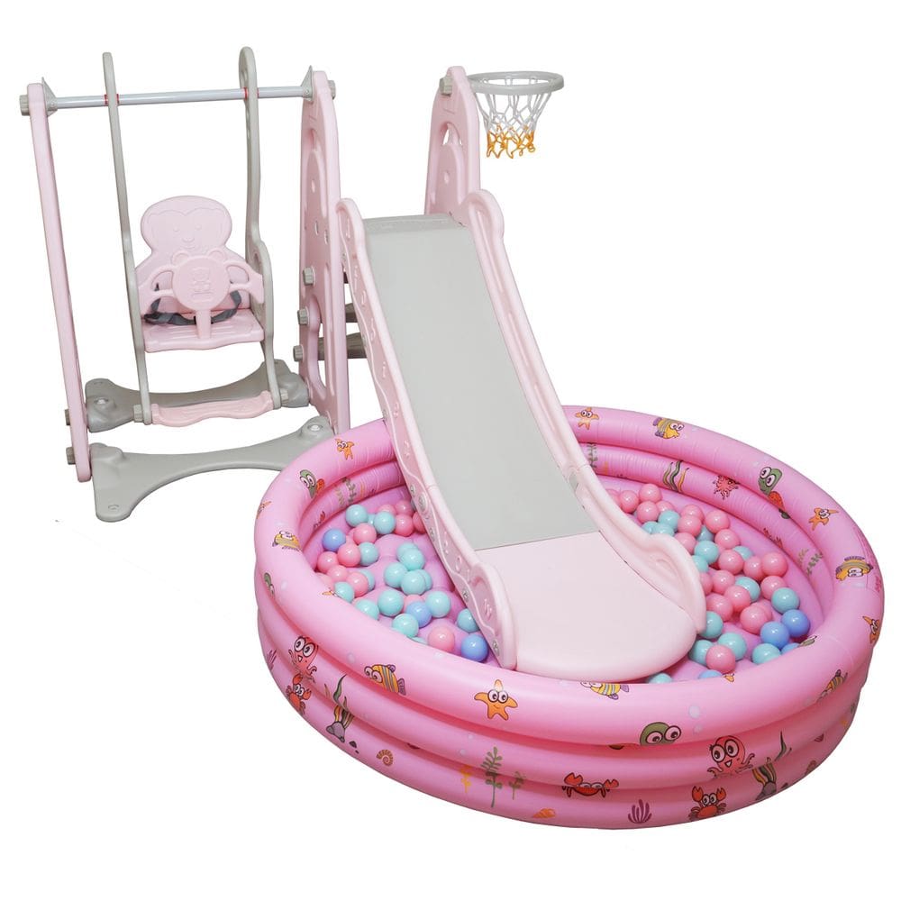 Playground Infantil 4 em 1 Escorregador Balanço Cesta Basquete Piscina Bolinha Importway Rosa
