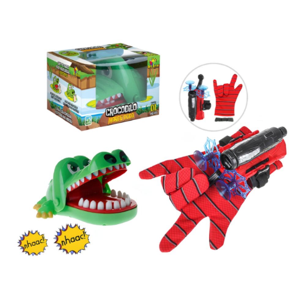 Luva Lança Teia Homem Aranha + Jogo Croc Croc Crocodilo Morde Dedo