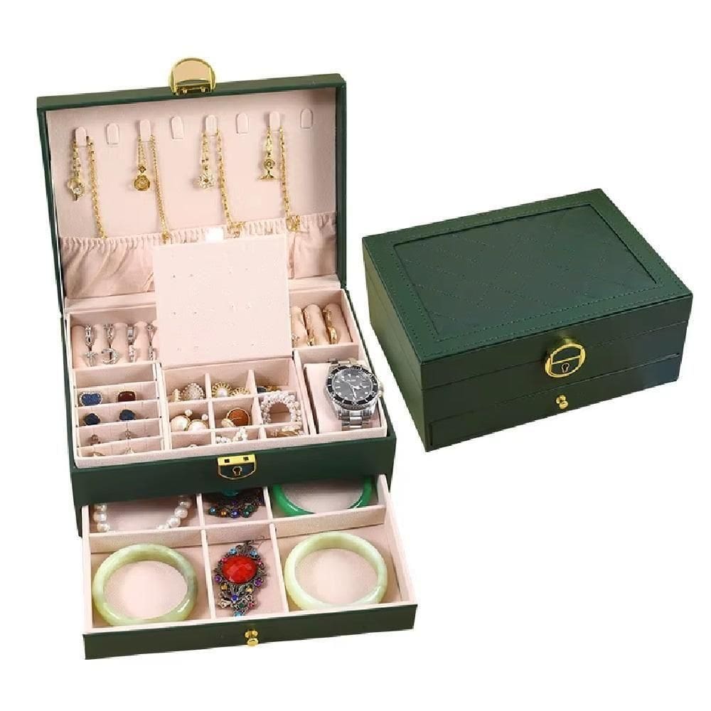 Maleta Caixa Porta Joias Estojo Organizador 2 Niveis Gaveta Para Aneis Brincos Pulseiras Relogio Verde