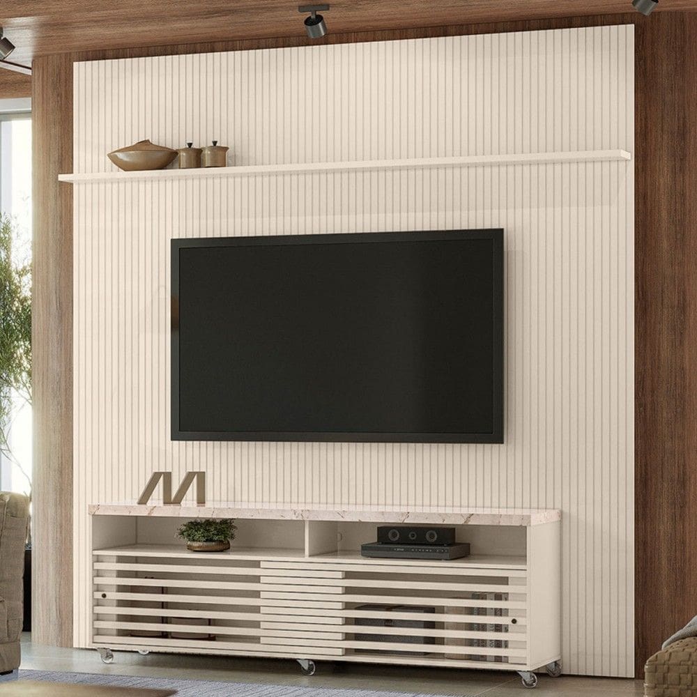 Rack com Painel para TV Até 75 Polegadas Frizz 2 Portas 1 Prateleira Calacata/Off White - Madetec