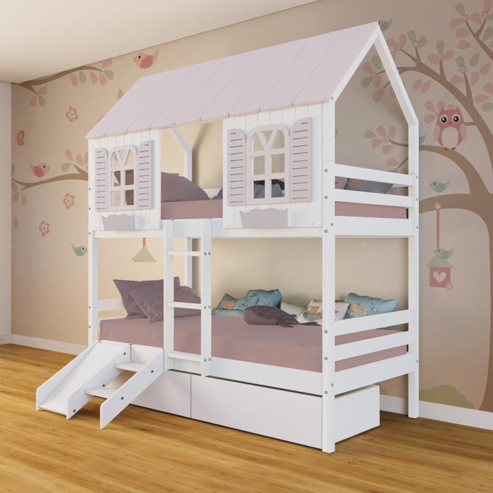 Beliche Casinha Bela com 2 Gavetas Kit Escada/Escorregador - Madeira Maciça Branco/Rosa | Megamobilia