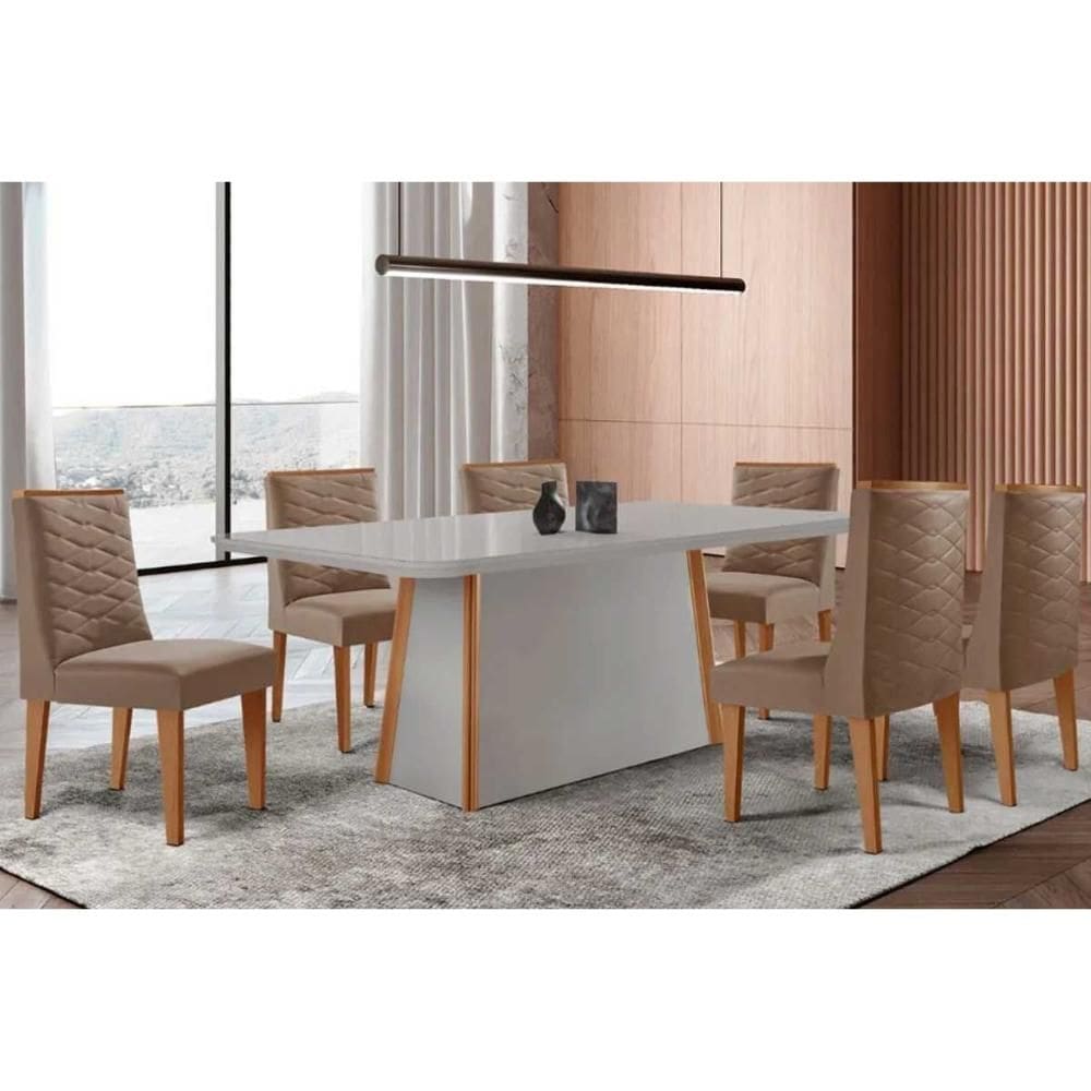 Conjunto Sala de Jantar Tilia c/ Tampo Madeirado c/ Vidro Canto Curvo 180x90cm e 6 Cadeiras Dafne Madeira Maciça Naturale/Off White - Capuccino/Suede