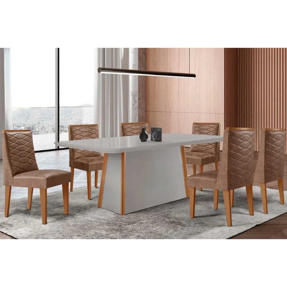 Conjunto Sala de Jantar Tilia c/ Tampo Madeirado c/ Vidro Canto Curvo 180x90cm e 6 Cadeiras Dafne Madeira Maciça Naturale/Off White - Capuccino/Corano