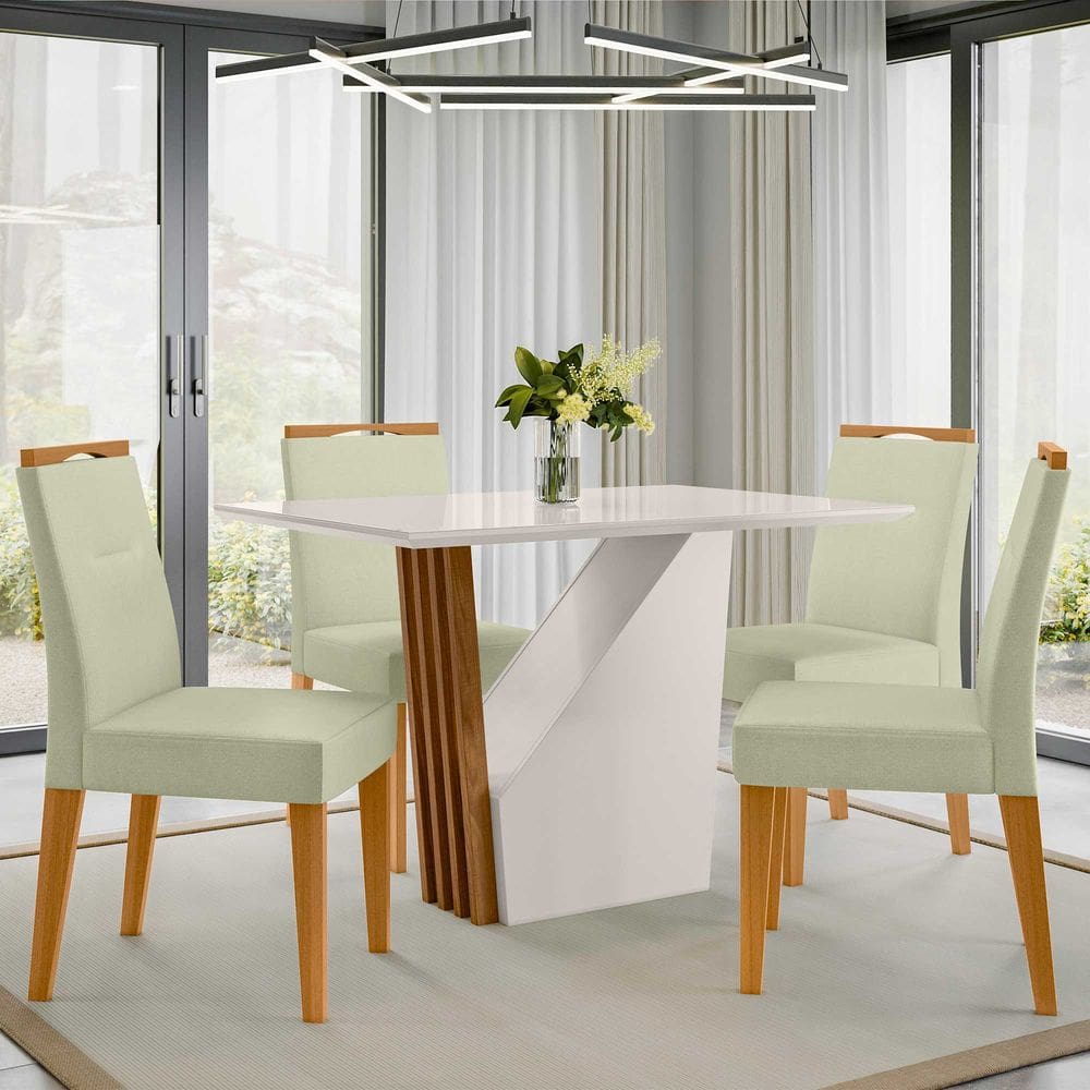 Conjunto Sala de Jantar Mesa 1,20 Veneza com 4 Cadeiras Lectus Ypê/Off White/Ln04 - New Ceval